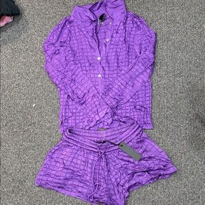 Purple Button-Up Shirt and Shorts Cover Up Set